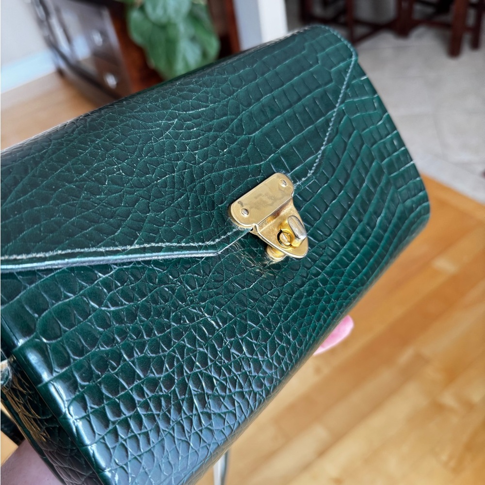 Green Croc-Embossed Clutch Wristlet with Gold Hardware